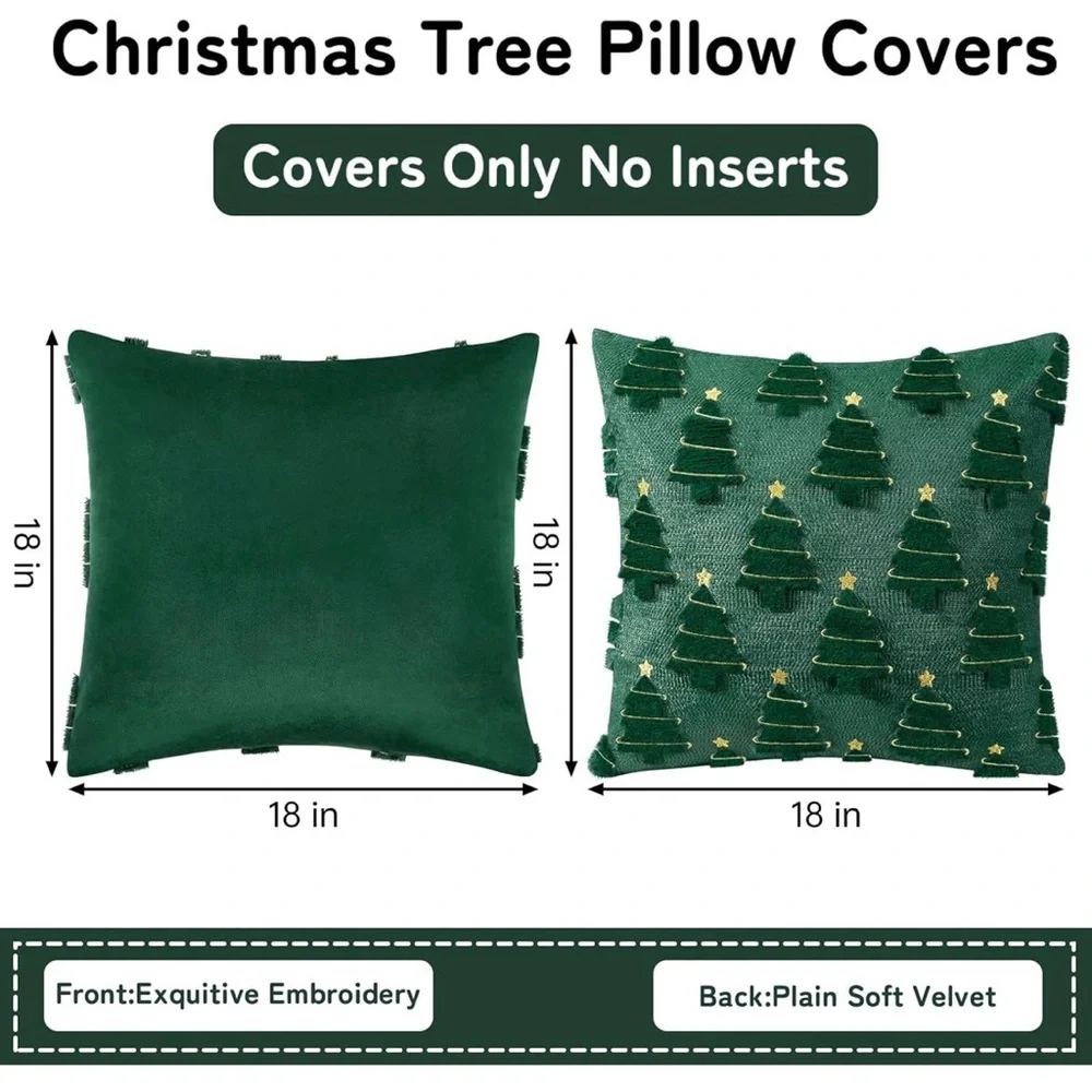 NEW Set of 2 Dark Green & Gold Christmas Tree Pillow Covers w/ Zipper - 18”x18”